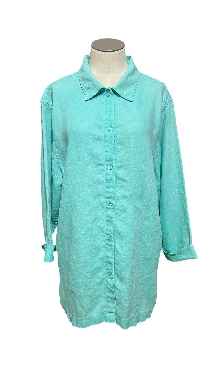 Goodclothes Vintage 100% Linen Lagenlook Coastal Beach Button Up Shirt Sz L